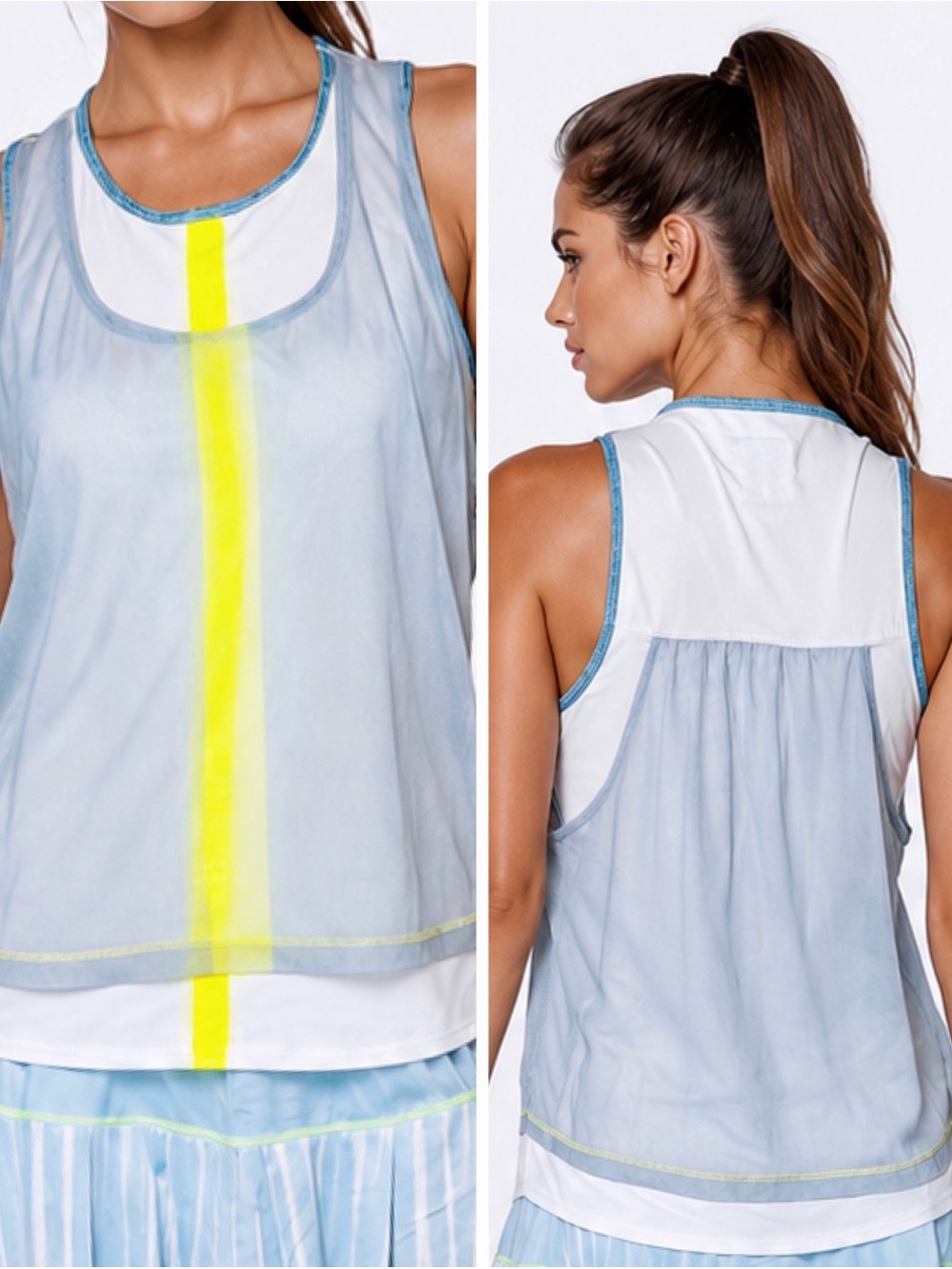 LUCKY IN LOVE White & Grey Mesh Overlay Tennis Athletic Tank Top w Yellow Stripe